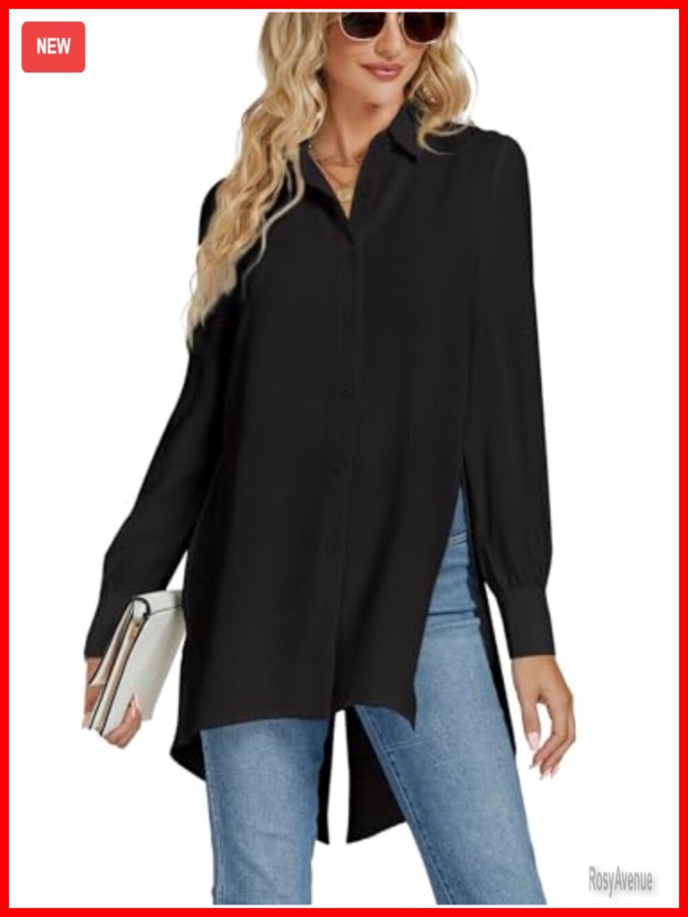 LYANER Collar V Neck Button Down Tunic Top Long Sleeve Split Hem